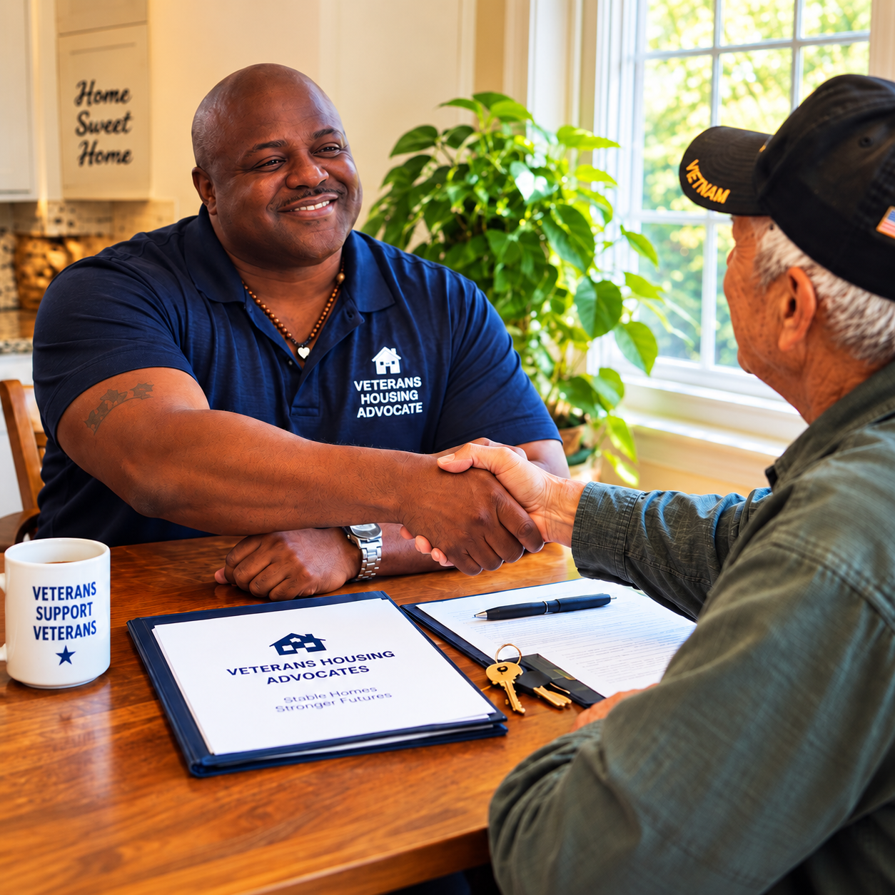 A veterans housing advocate shaking hands with a veteran at a kitchen table, with keys and a housing packet on the table