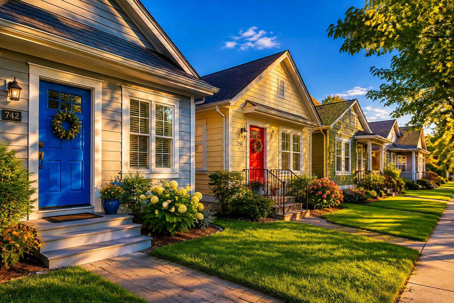 A welcoming street of well-kept homes at golden hour